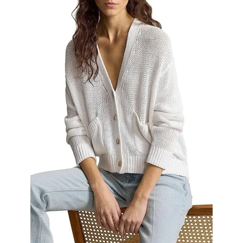 Polo Ralph Lauren Women’s Linen-Cotton V-Neck White Cardigan Sz Medium NWT